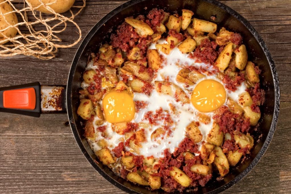 making Corned Beef hash with mac and cheese